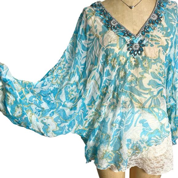 Anie Turquoise Beaded Fairycore Blouse Boho Size Medium - Picture 5 of 9